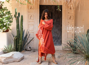 Asymmetric Huge Mantle Cardigan for Women / Raw Cotton Kimono Wrap / Red Ochre - ChintamaniAlchemi