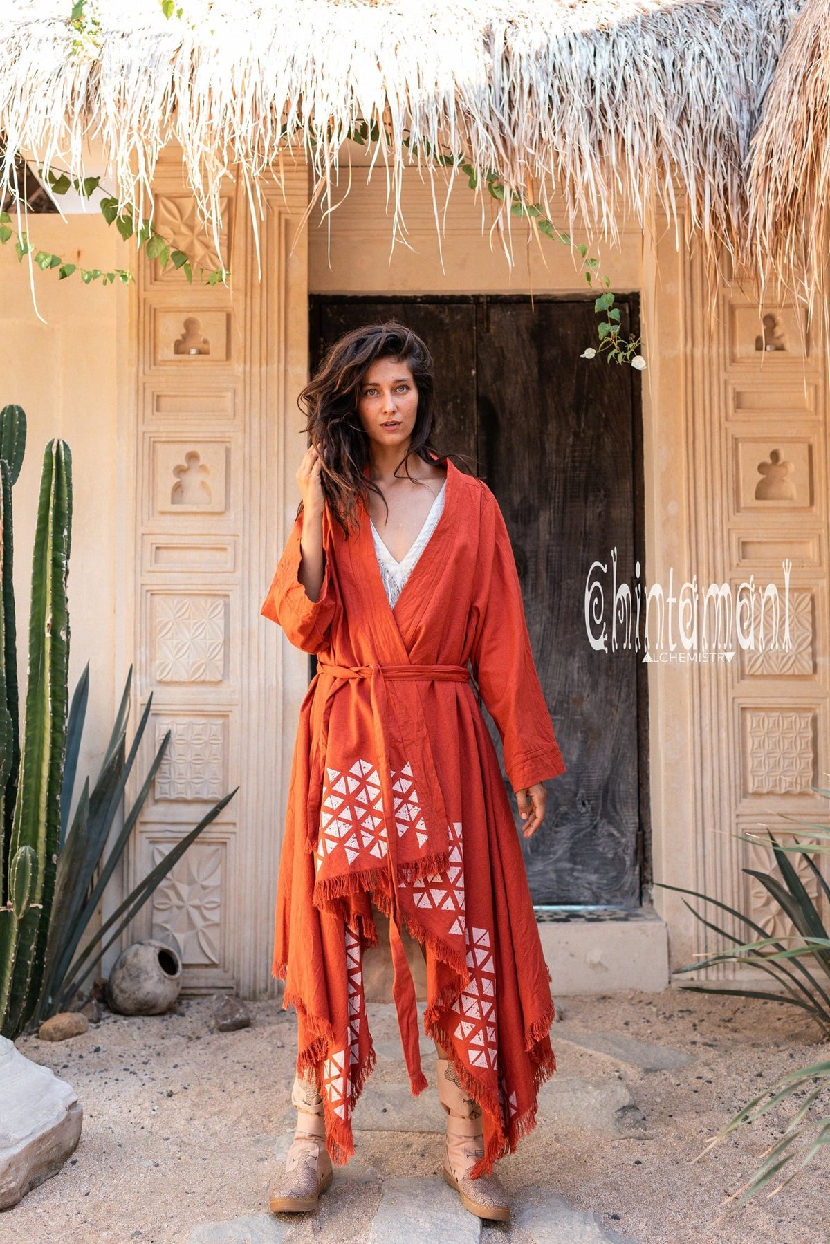 Asymmetric Huge Mantle Cardigan for Women / Raw Cotton Kimono Wrap / Red Ochre - ChintamaniAlchemi