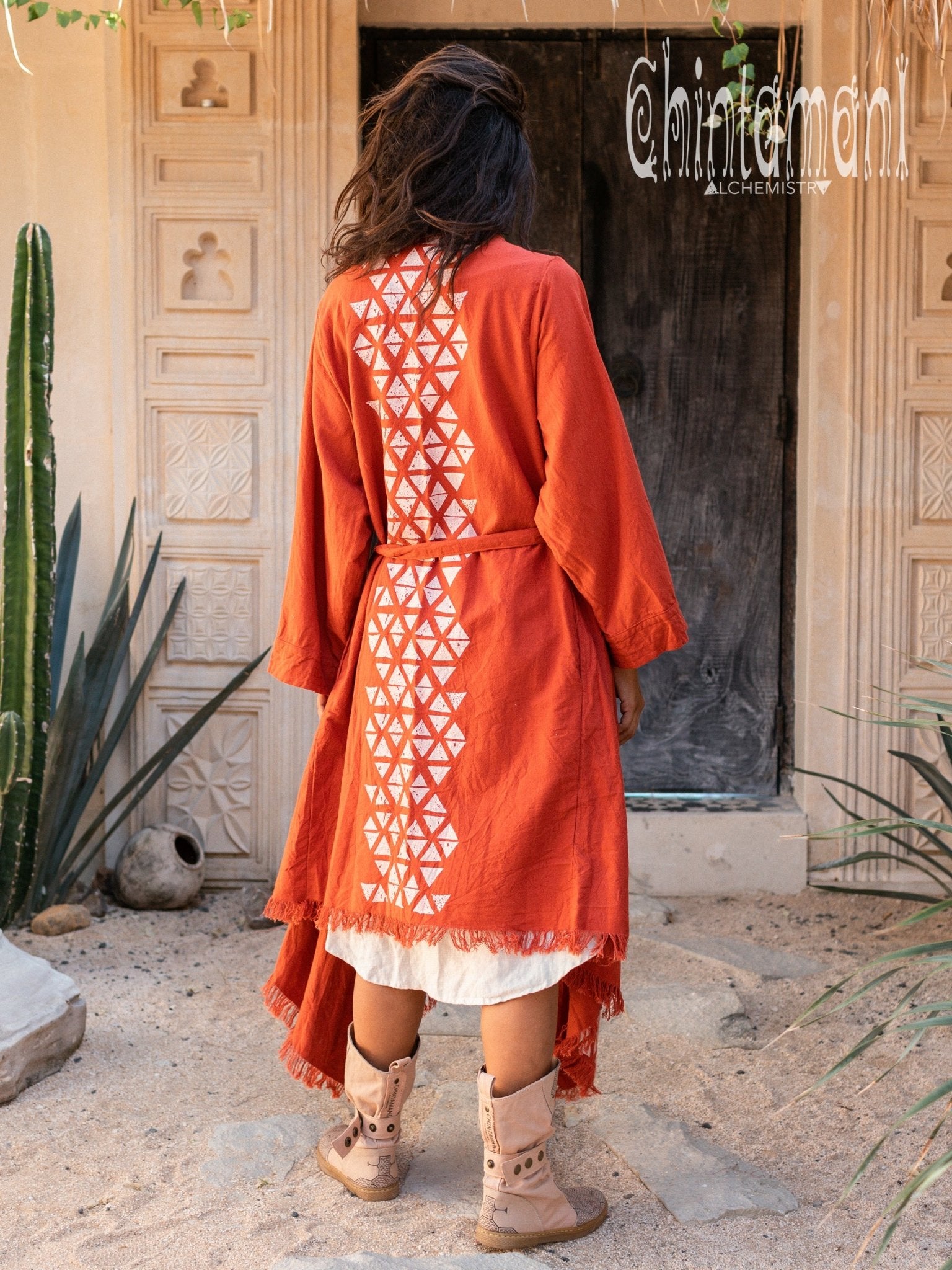 Asymmetric Huge Mantle Cardigan for Women / Raw Cotton Kimono Wrap / Red Ochre - ChintamaniAlchemi