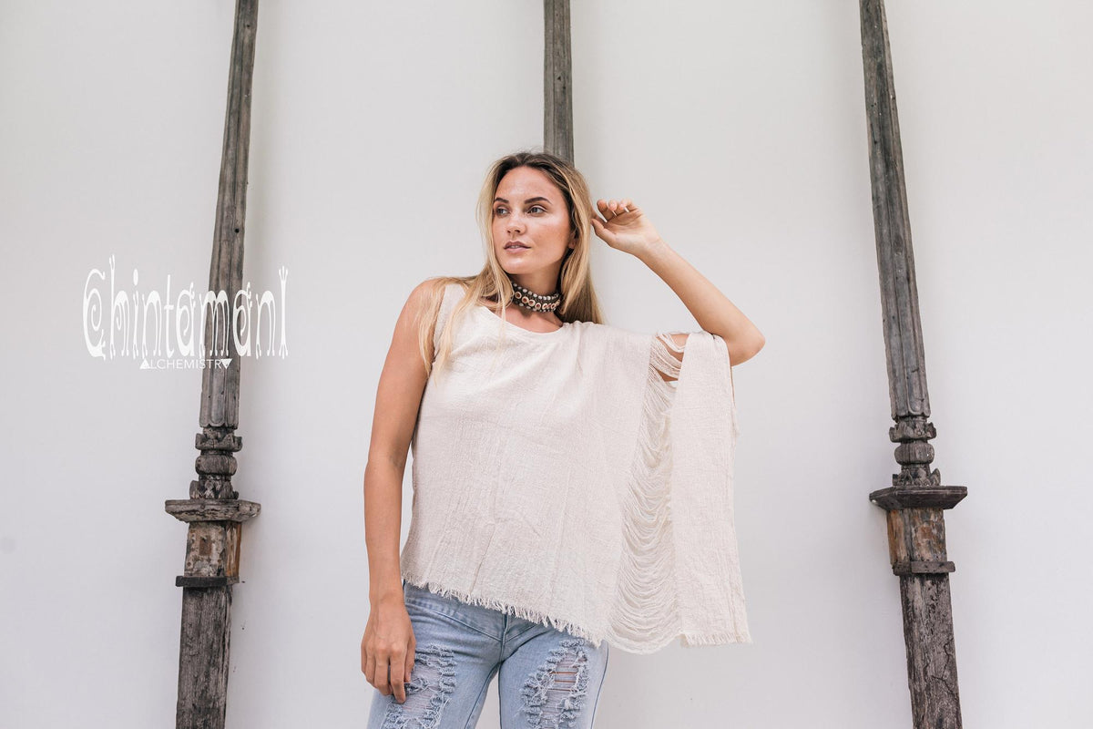 Asymmetric Raw Cotton Boho Top / Ripped Tshirt / Off White - ChintamaniAlchemi