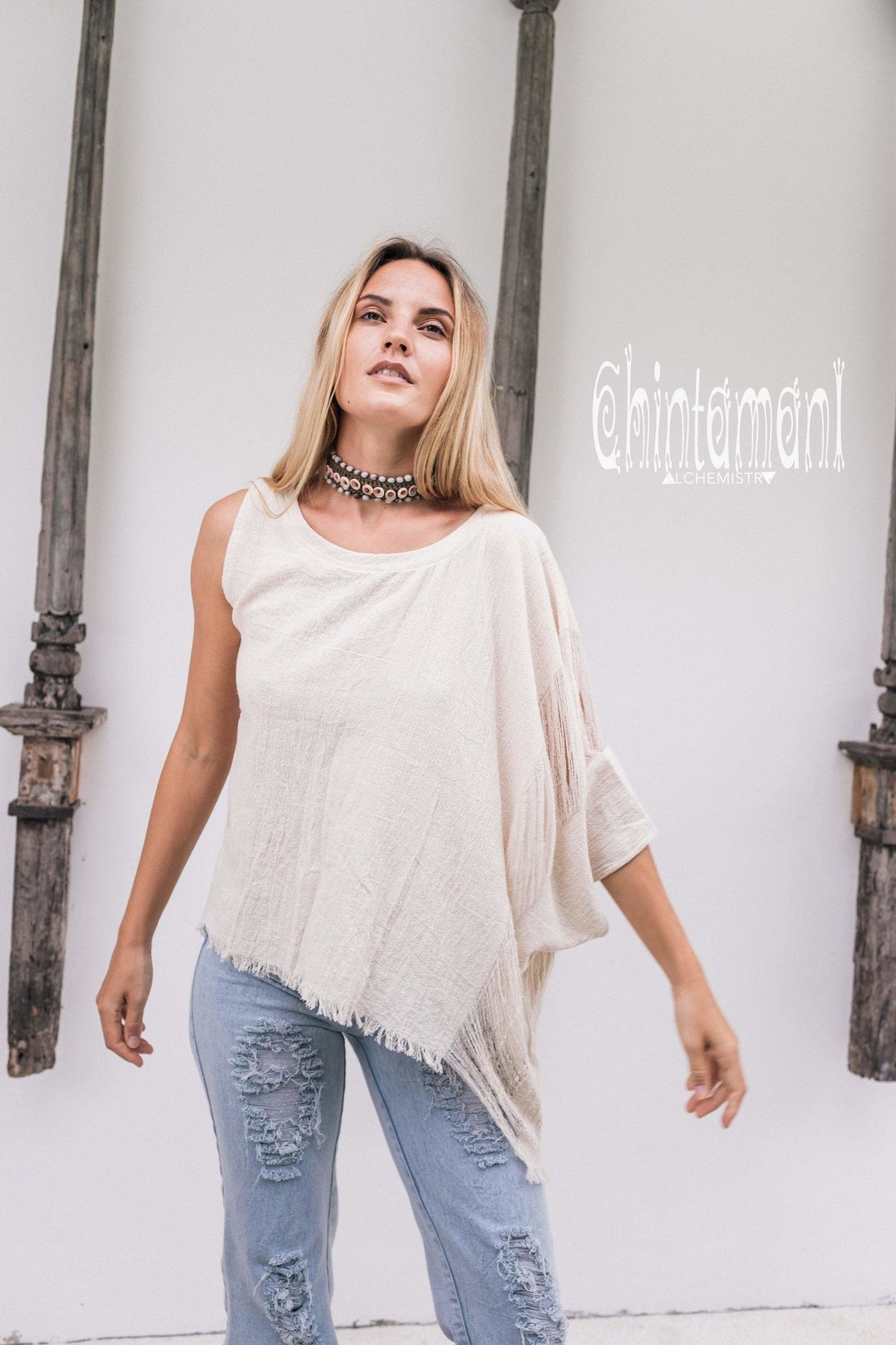 Asymmetric Raw Cotton Boho Top / Ripped Tshirt / Off White - ChintamaniAlchemi