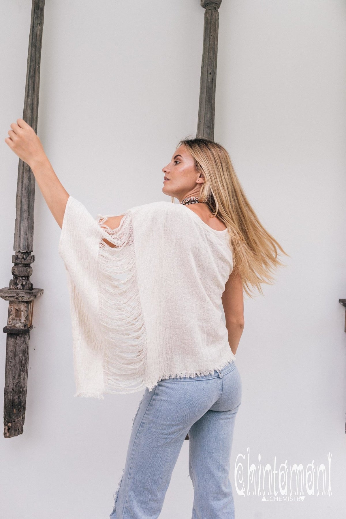 Asymmetric Raw Cotton Boho Top / Ripped Tshirt / Off White - ChintamaniAlchemi