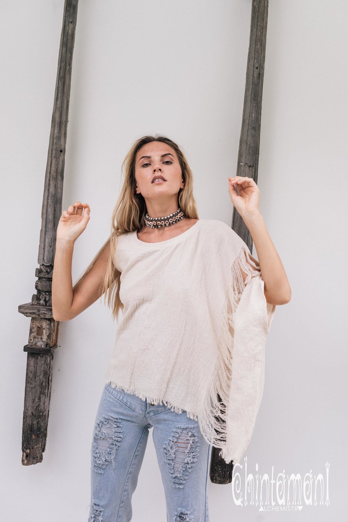 Asymmetric Raw Cotton Boho Top / Ripped Tshirt / Off White - ChintamaniAlchemi