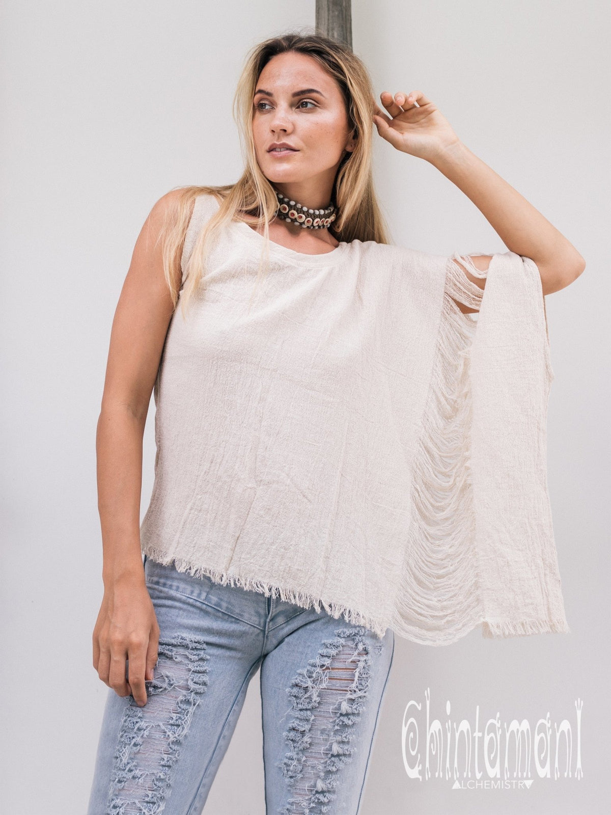 Asymmetric Raw Cotton Boho Top / Ripped Tshirt / Off White - ChintamaniAlchemi