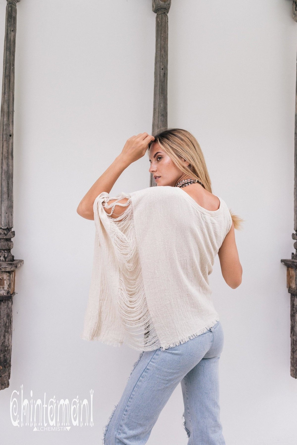 Asymmetric Raw Cotton Boho Top / Ripped Tshirt / Off White - ChintamaniAlchemi