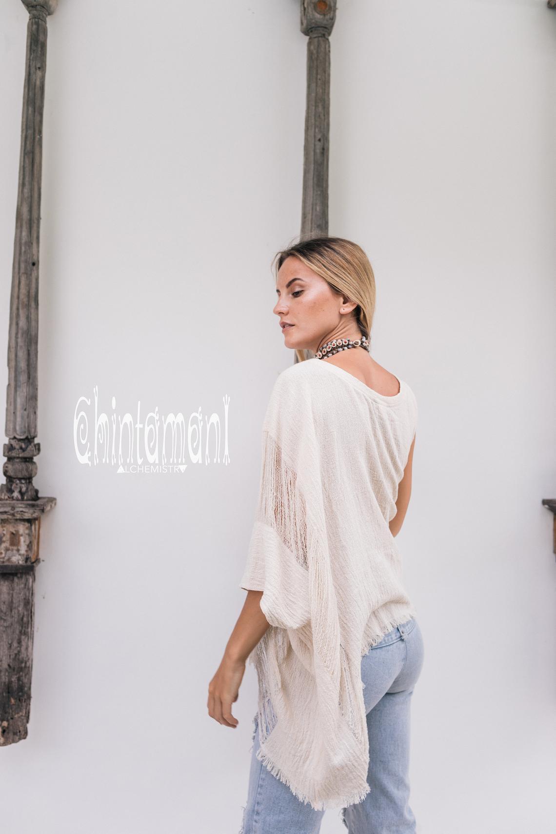 Asymmetric Raw Cotton Boho Top / Ripped Tshirt / Off White - ChintamaniAlchemi