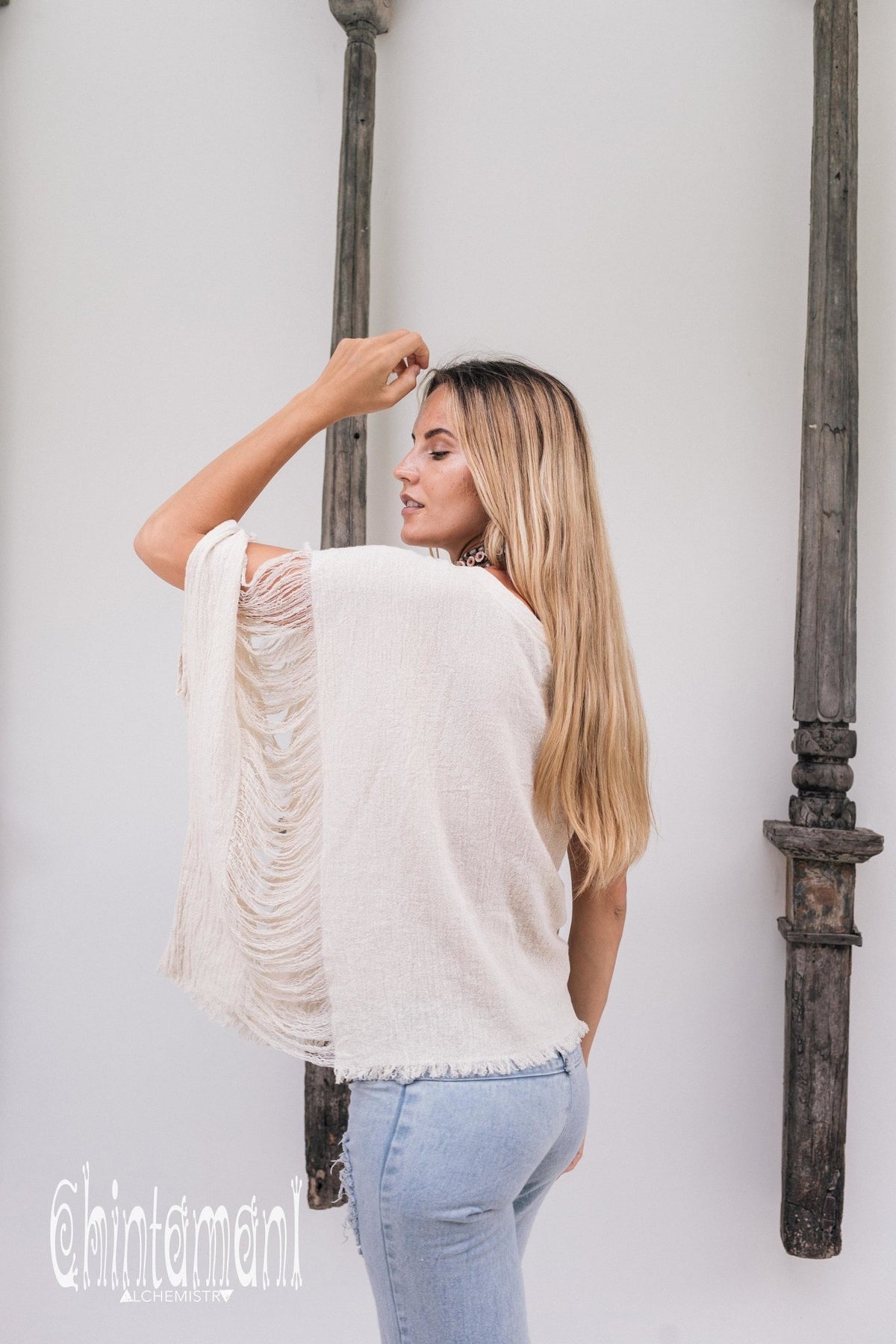 Asymmetric Raw Cotton Boho Top / Ripped Tshirt / Off White - ChintamaniAlchemi