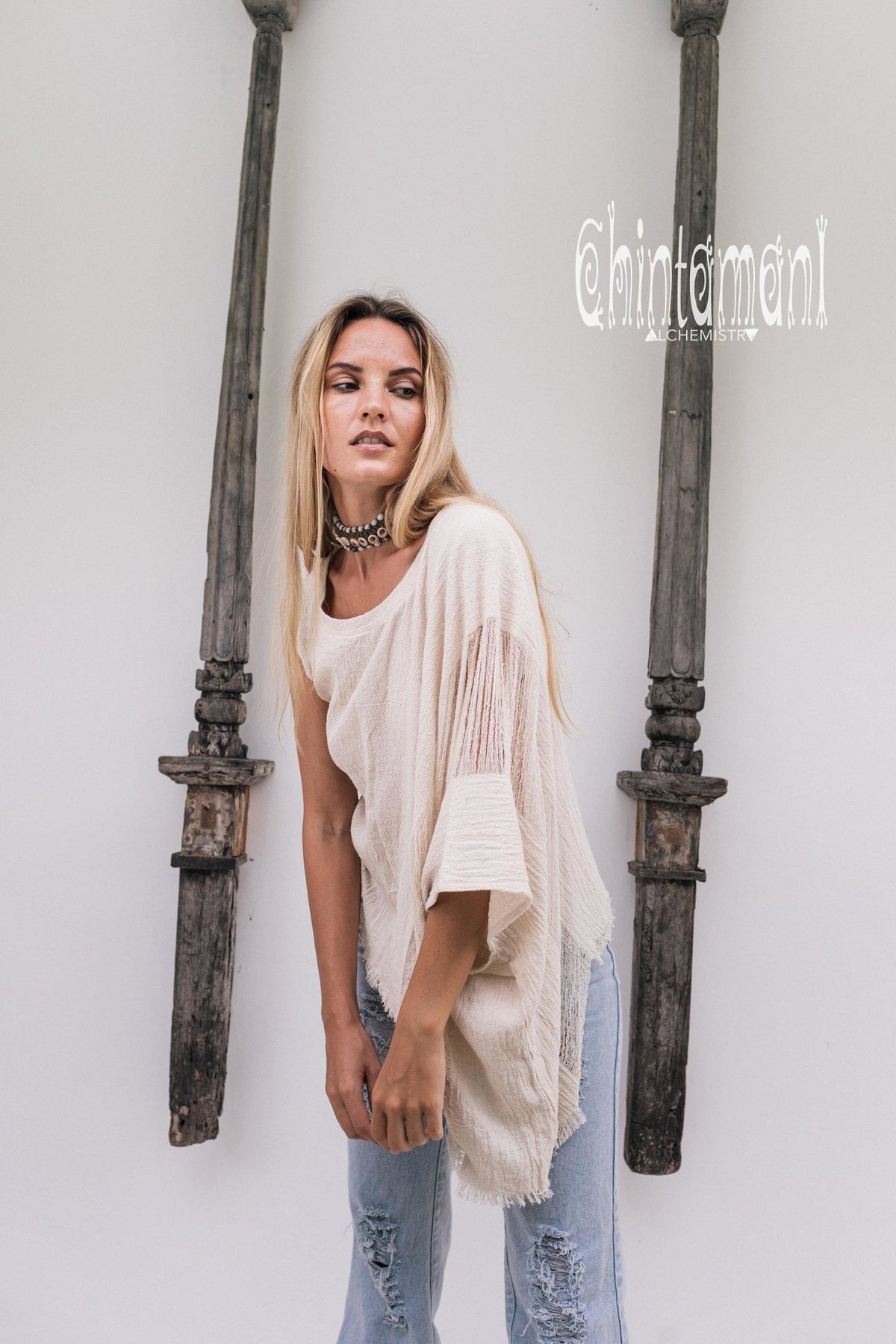 Asymmetric Raw Cotton Boho Top / Ripped Tshirt / Off White - ChintamaniAlchemi