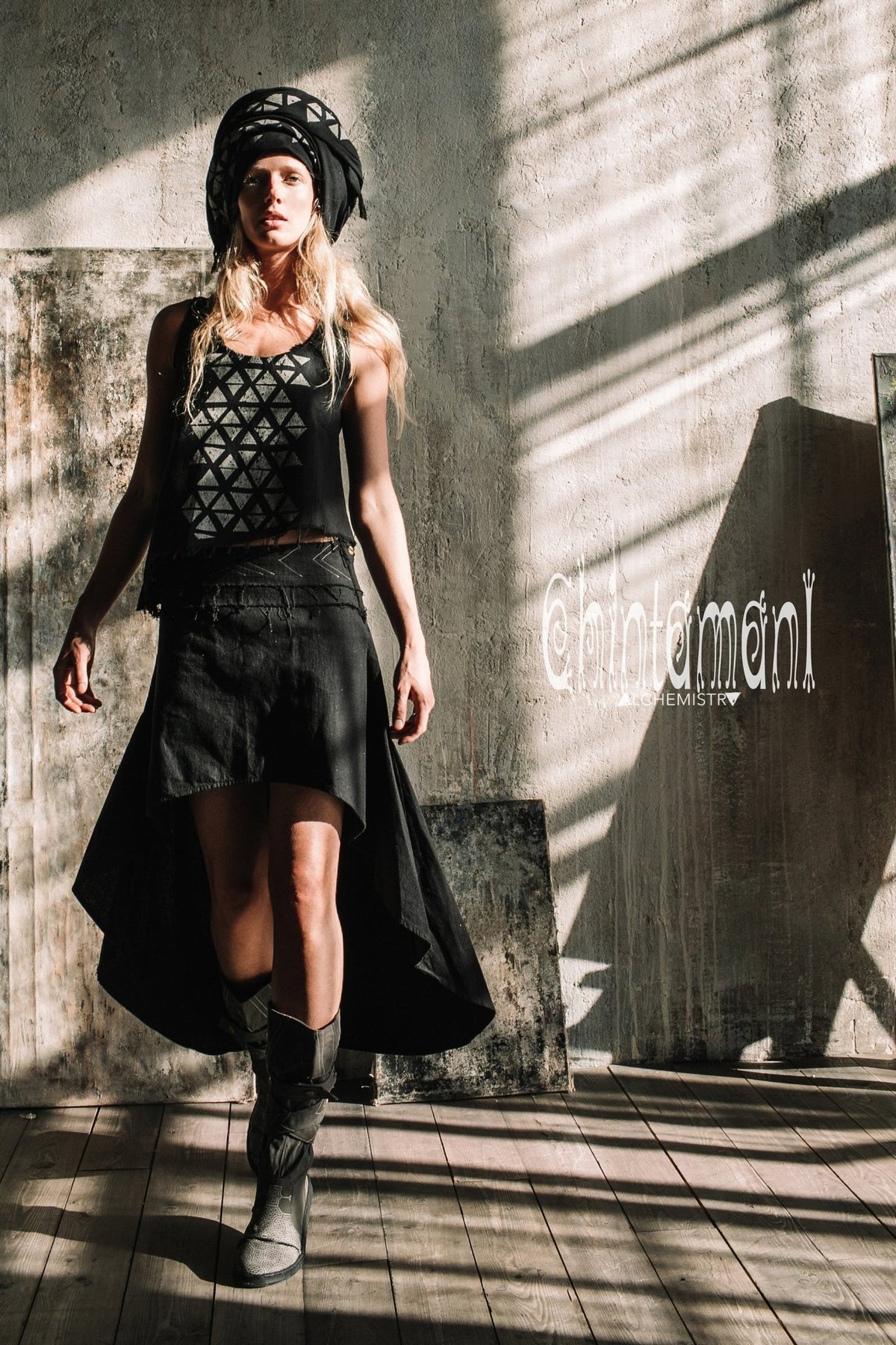 Asymmetric Raw Cotton Skirt with Navajo Pattern Stitches / Atua Tino / Black - ChintamaniAlchemi