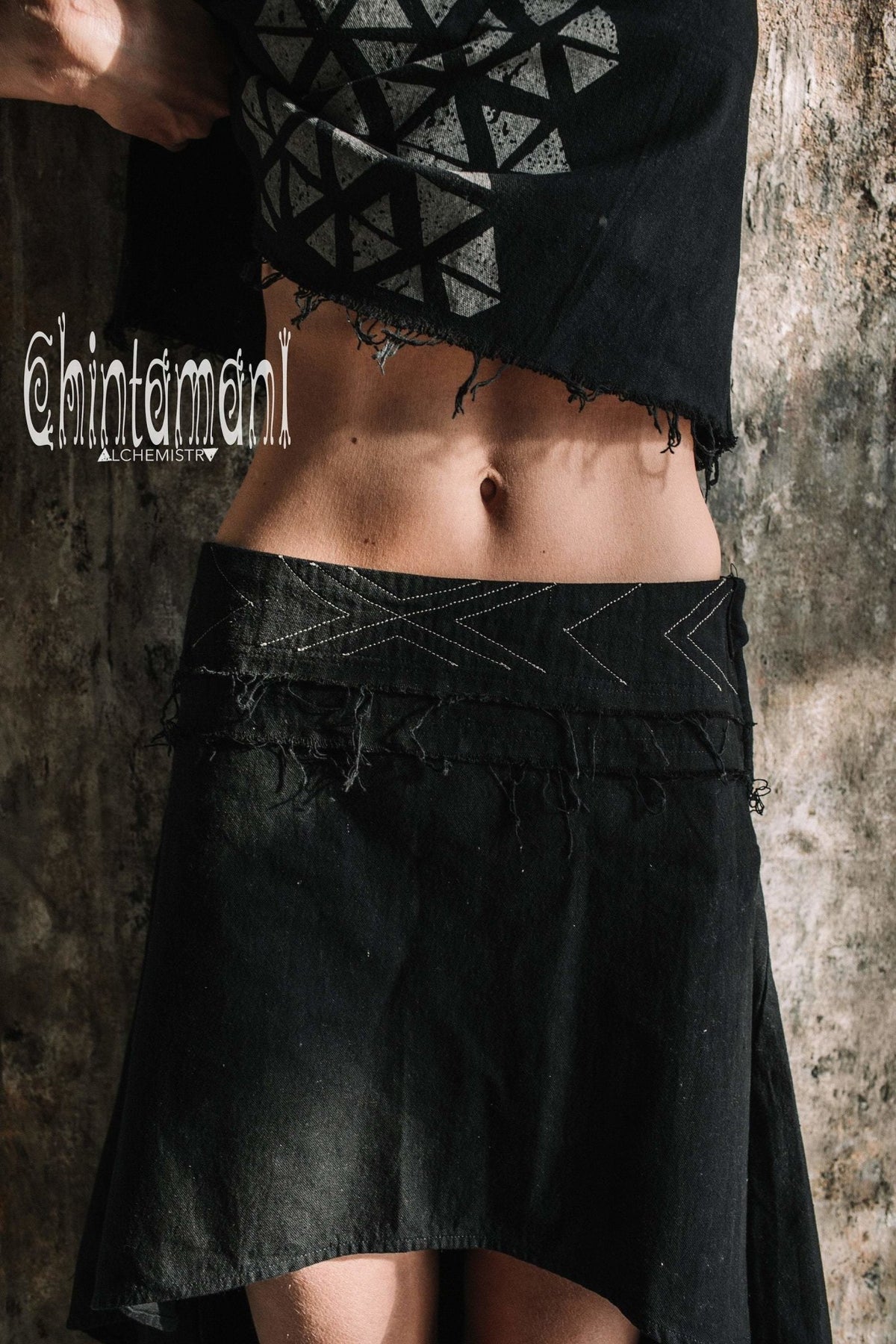 Asymmetric Raw Cotton Skirt with Navajo Pattern Stitches / Atua Tino / Black - ChintamaniAlchemi