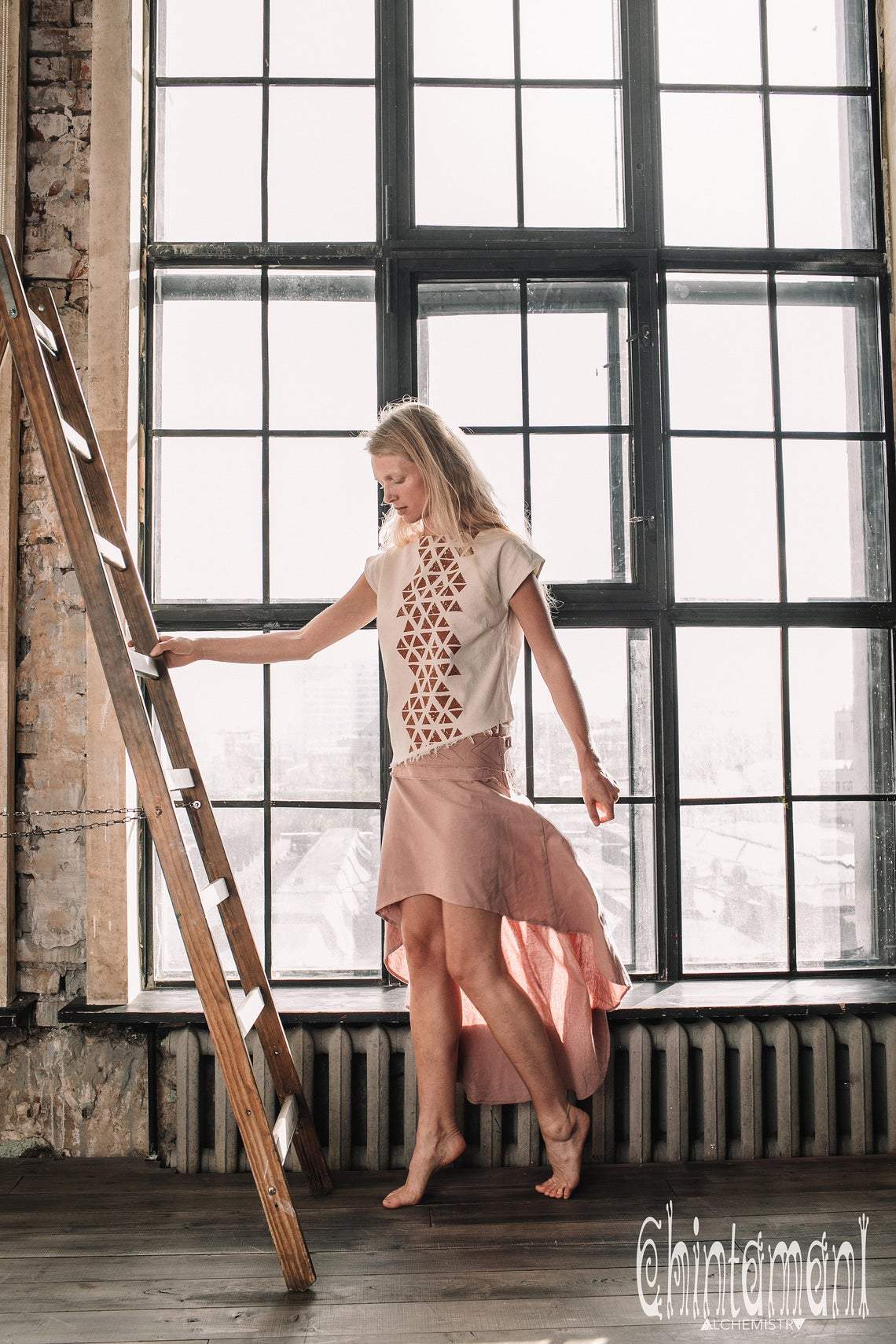 Asymmetric Raw Cotton Skirt with Navajo Pattern Stitches / Atua Tino / Dusty Pink - ChintamaniAlchemi