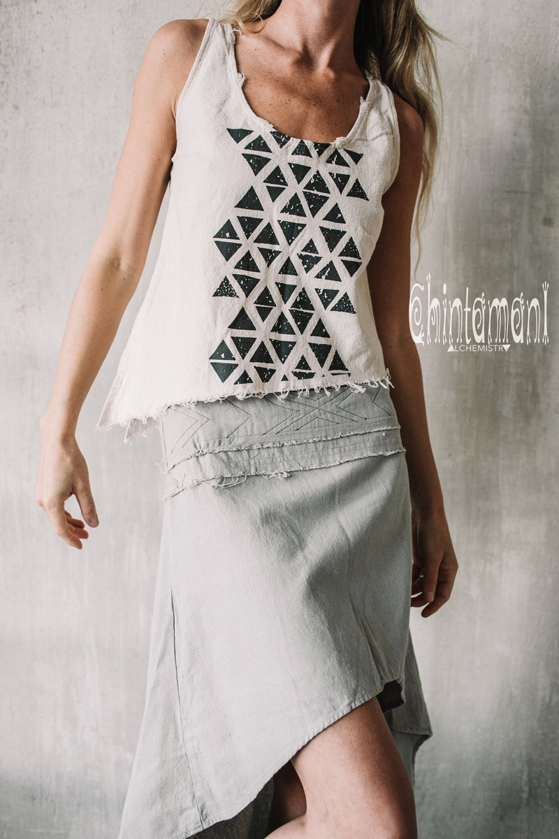 Asymmetric Raw Cotton Skirt with Navajo Pattern Stitches / Atua Tino / Grey - ChintamaniAlchemi