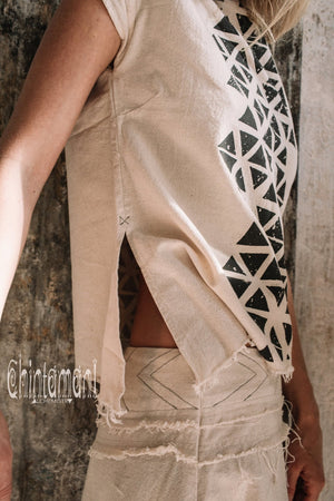 Asymmetric Raw Cotton Skirt with Navajo Pattern Stitches / Atua Tino / Off White - ChintamaniAlchemi