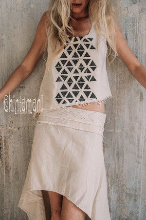 Asymmetric Raw Cotton Skirt with Navajo Pattern Stitches / Atua Tino / Off White - ChintamaniAlchemi