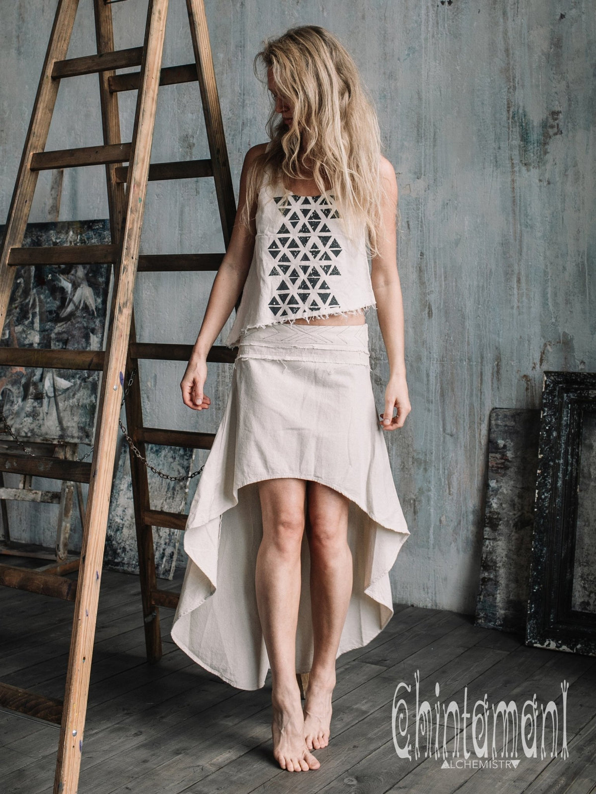 Asymmetric Raw Cotton Skirt with Navajo Pattern Stitches / Atua Tino / Off White - ChintamaniAlchemi