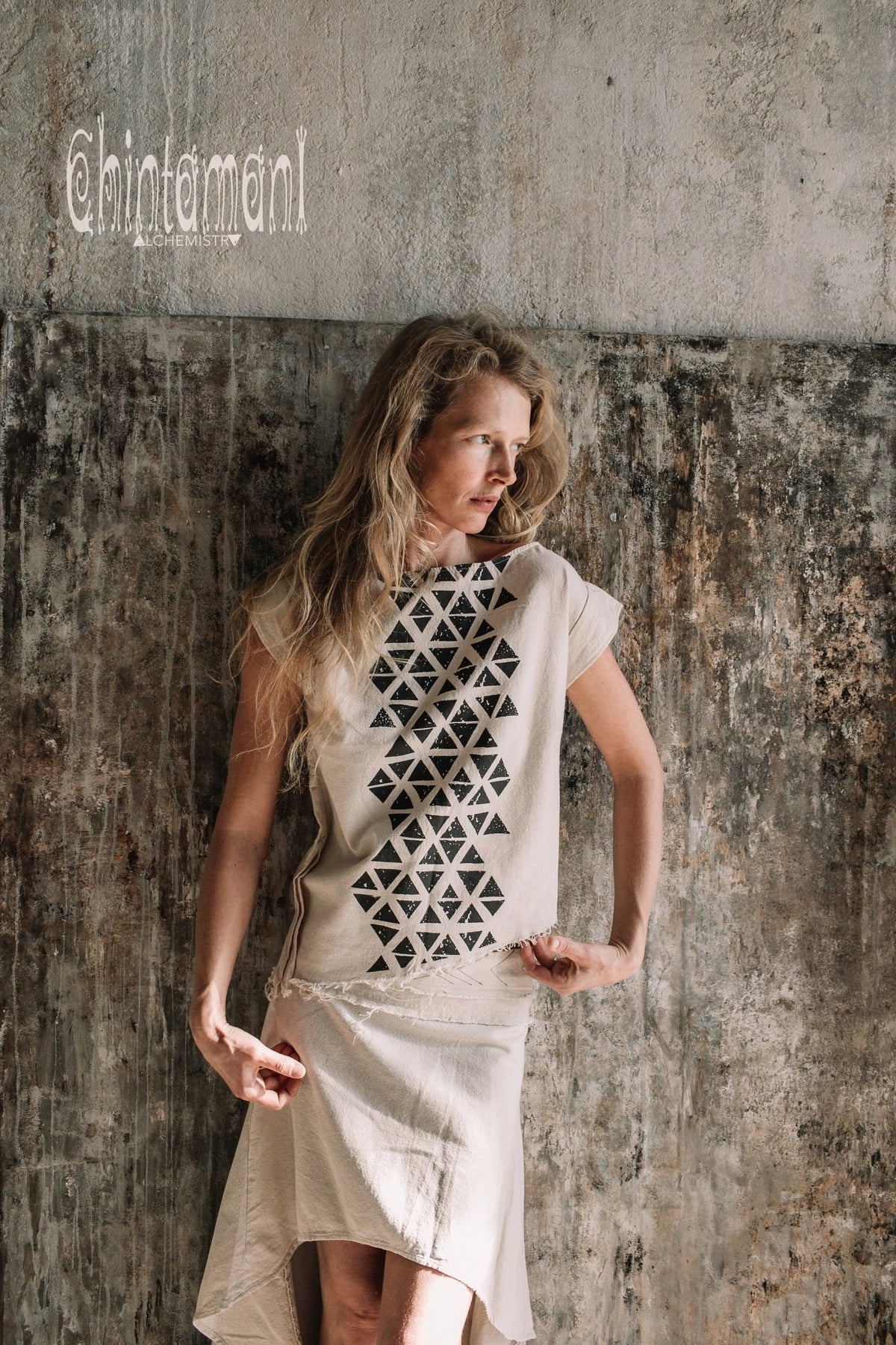 Asymmetric Raw Cotton Skirt with Navajo Pattern Stitches / Atua Tino / Off White - ChintamaniAlchemi