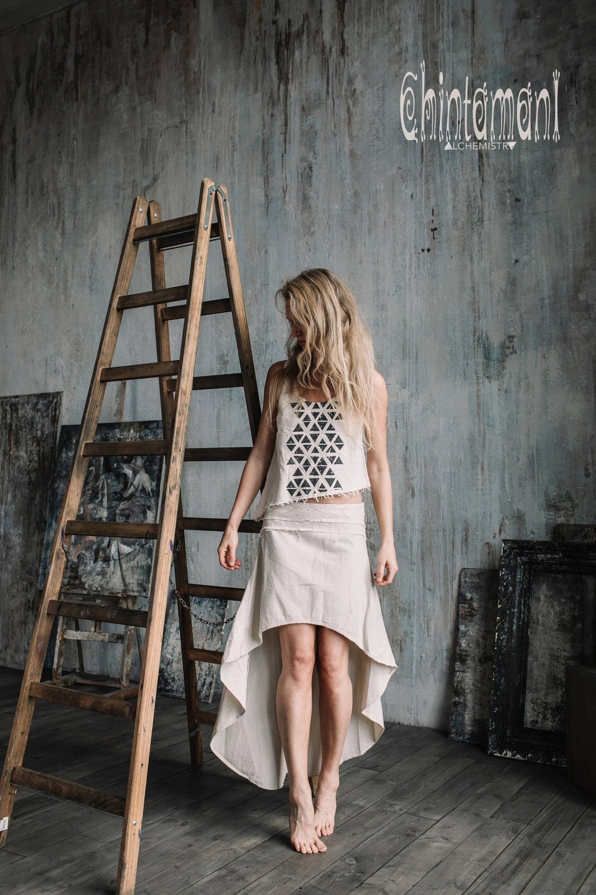 Asymmetric Raw Cotton Skirt with Navajo Pattern Stitches / Atua Tino / Off White - ChintamaniAlchemi