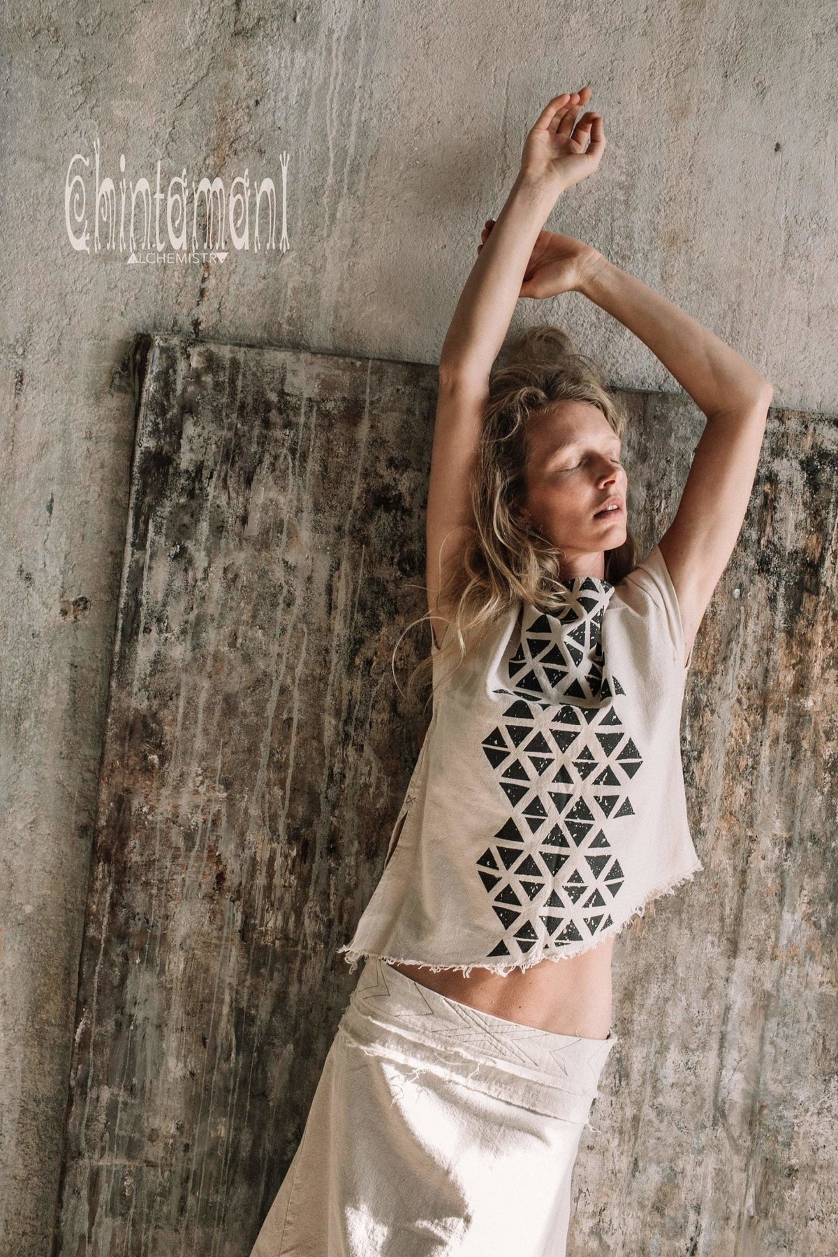 Asymmetric Raw Cotton Skirt with Navajo Pattern Stitches / Atua Tino / Off White - ChintamaniAlchemi