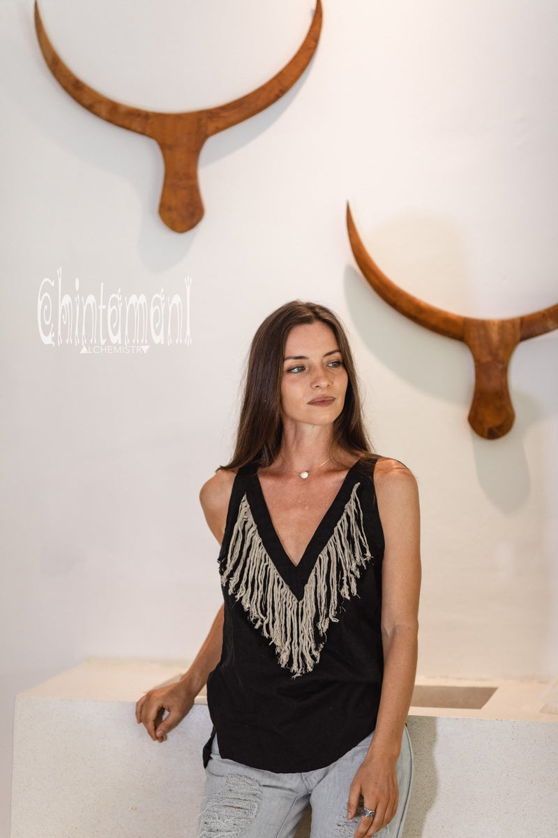 Backless Linen Boho Top with Fringes / Black - ChintamaniAlchemi