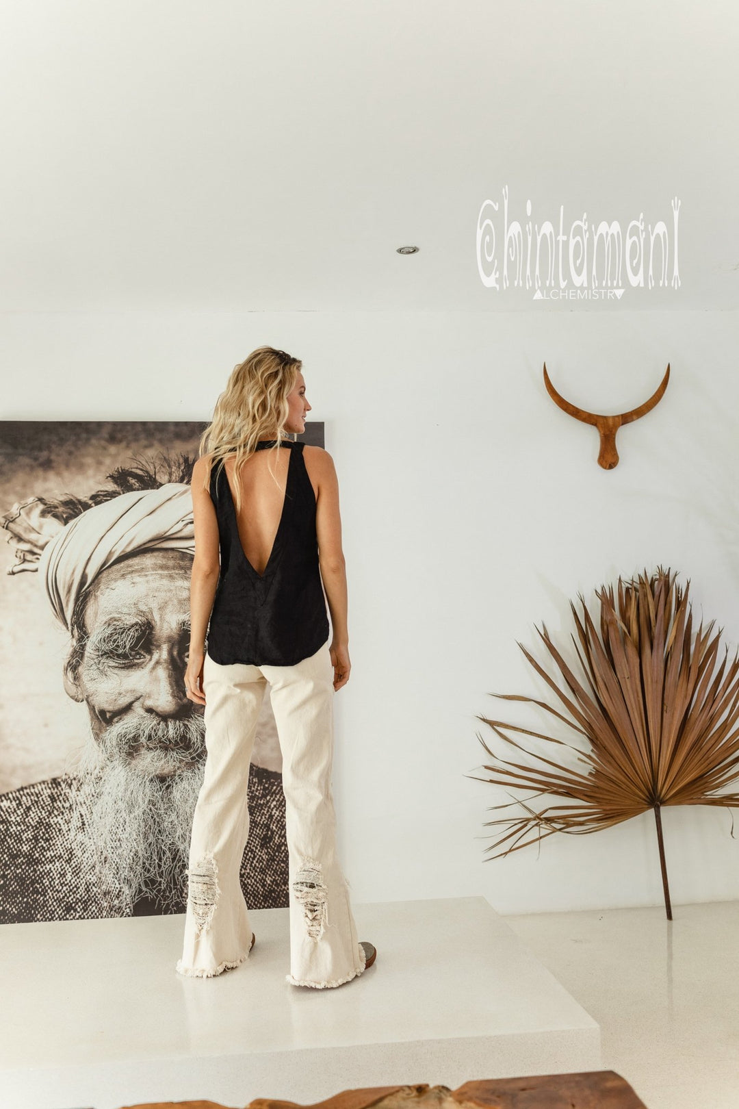 Backless Linen Boho Top with Fringes / Black - ChintamaniAlchemi