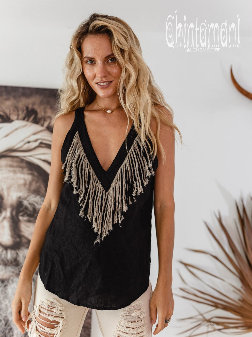 Backless Linen Boho Top with Fringes / Black - ChintamaniAlchemi