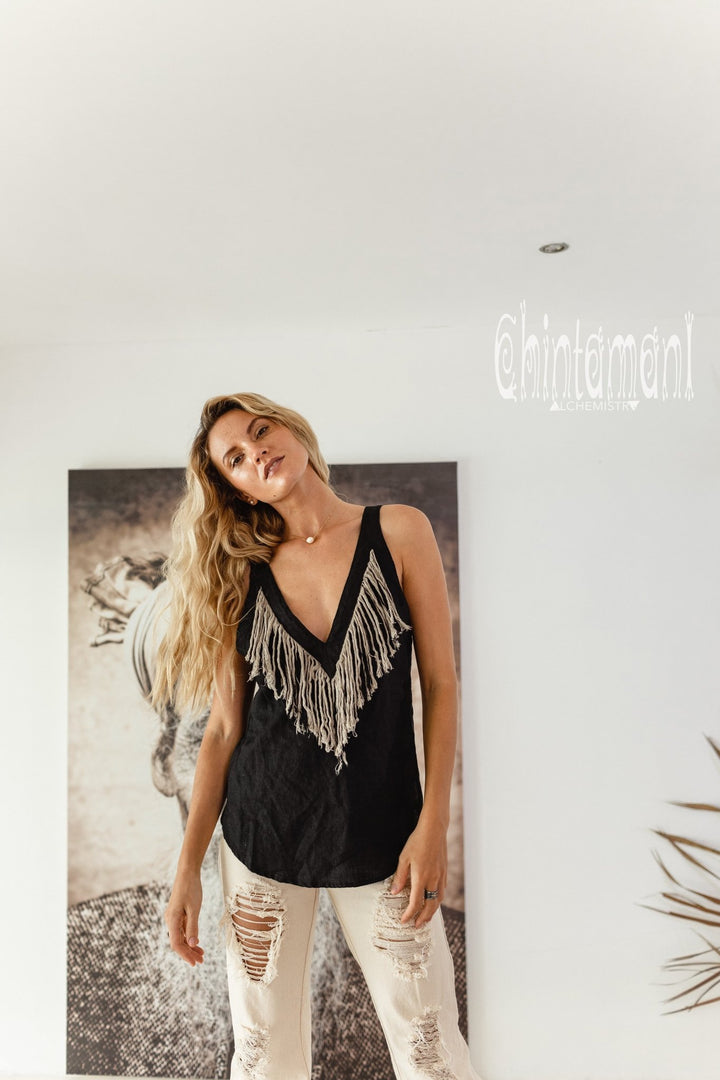 Backless Linen Boho Top with Fringes / Black - ChintamaniAlchemi