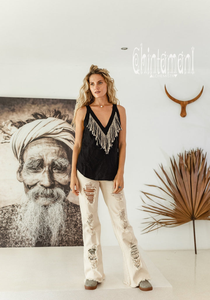 Backless Linen Boho Top with Fringes / Black - ChintamaniAlchemi