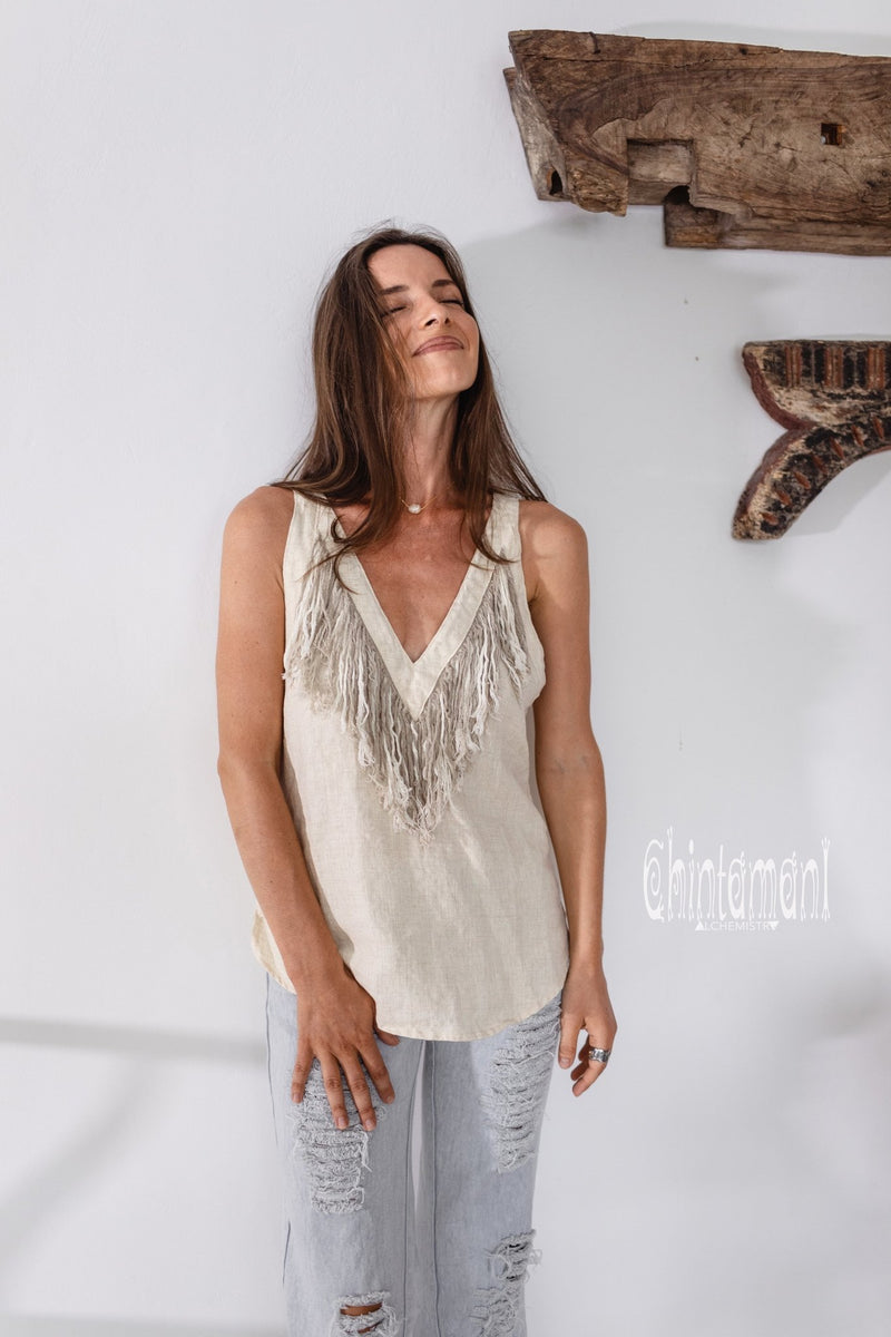 Backless Linen Boho Top with Fringes / Cream - ChintamaniAlchemi