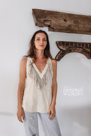 Backless Linen Boho Top with Fringes / Cream - ChintamaniAlchemi