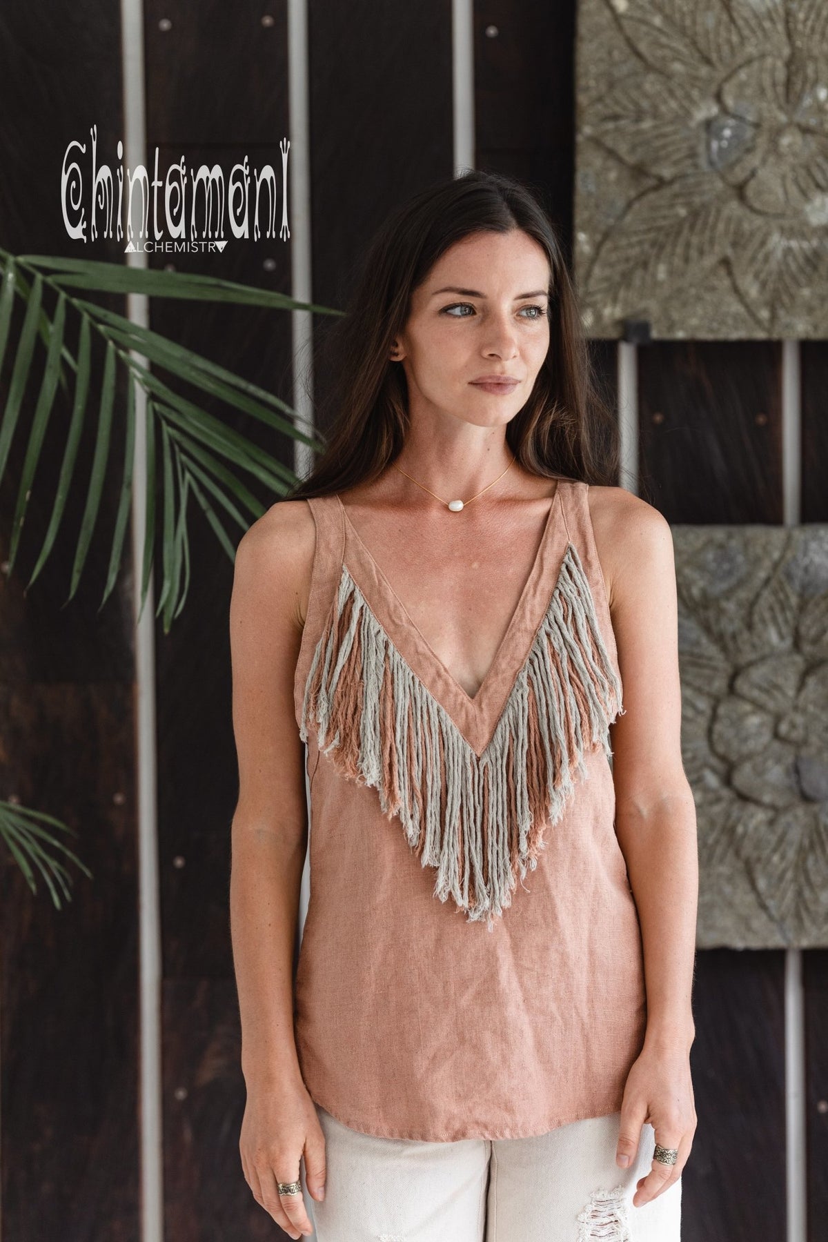 Backless Linen Boho Top with Fringes / Dusty Pink - ChintamaniAlchemi