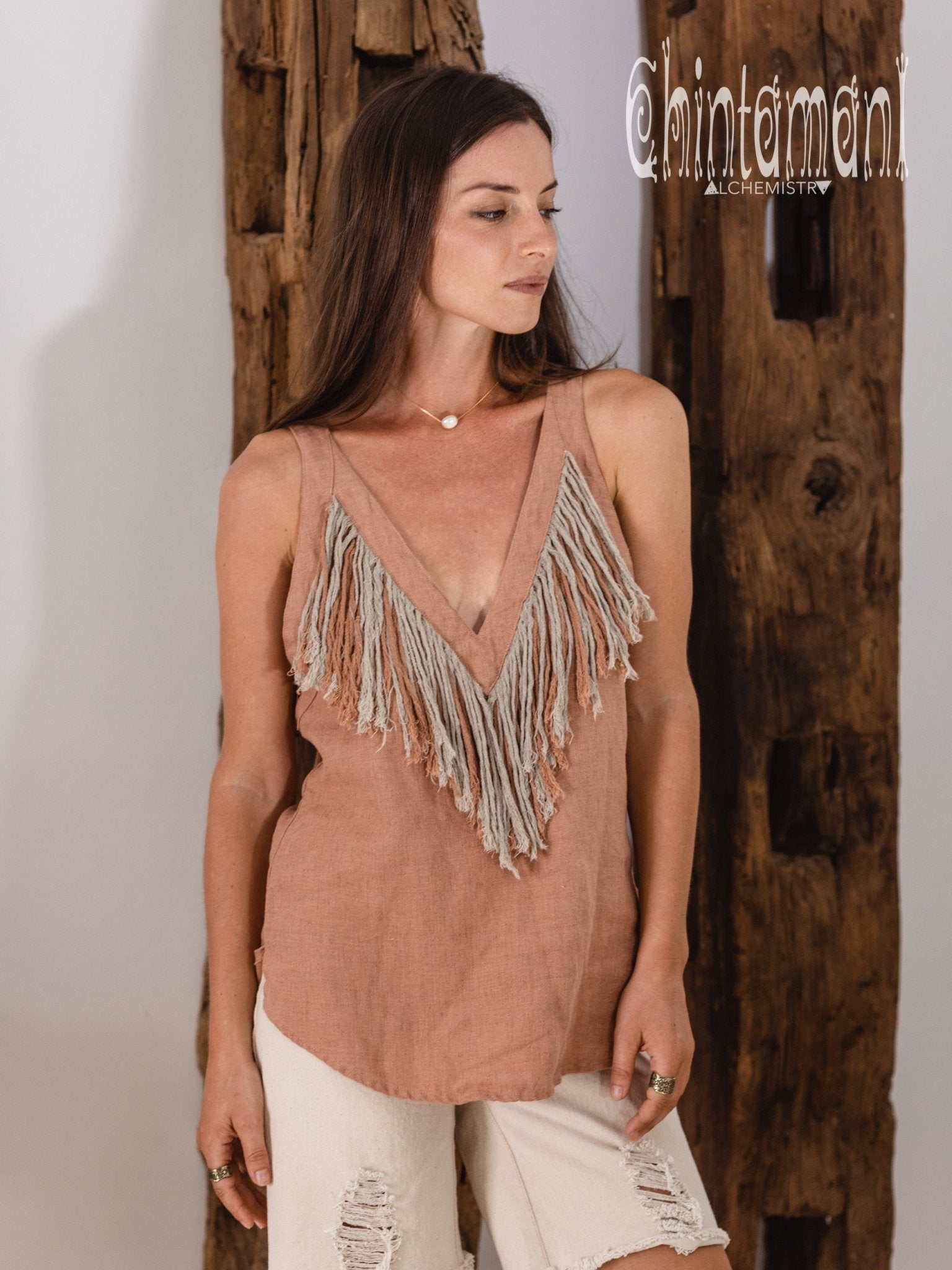 Backless Linen Boho Top with Fringes / Dusty Pink - ChintamaniAlchemi