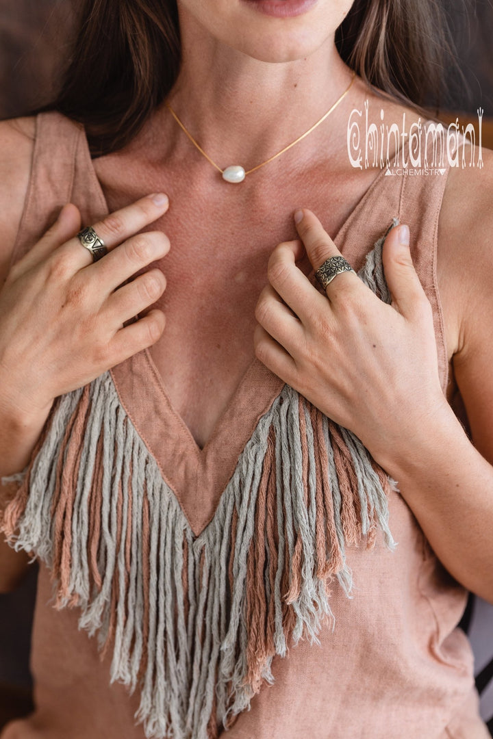 Backless Linen Boho Top with Fringes / Dusty Pink - ChintamaniAlchemi