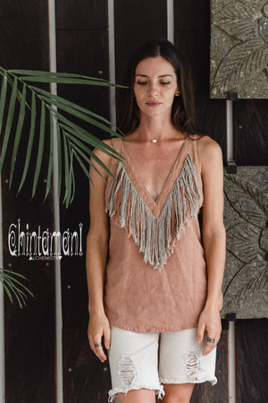 Backless Linen Boho Top with Fringes / Dusty Pink - ChintamaniAlchemi