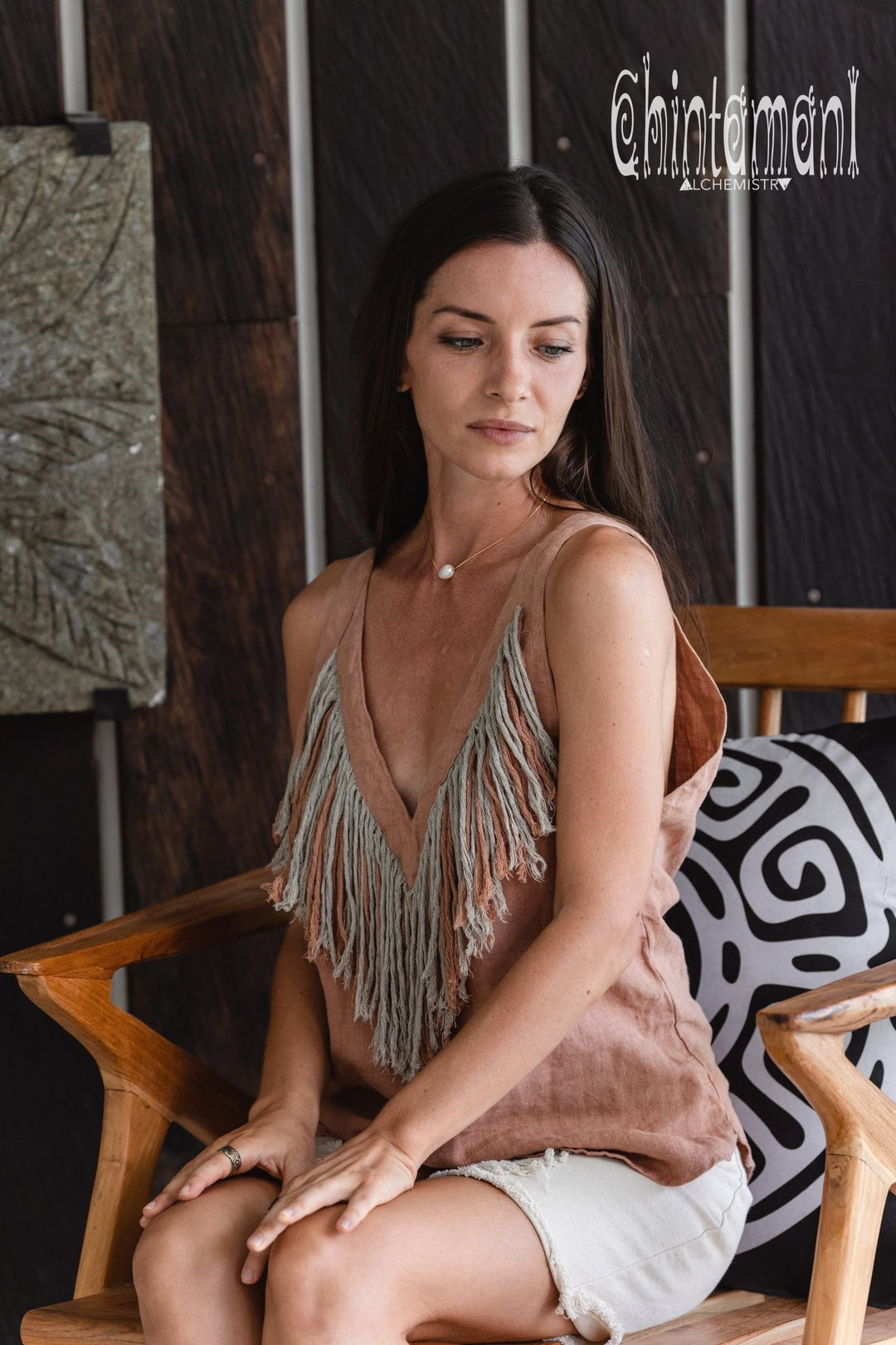 Backless Linen Boho Top with Fringes / Dusty Pink - ChintamaniAlchemi
