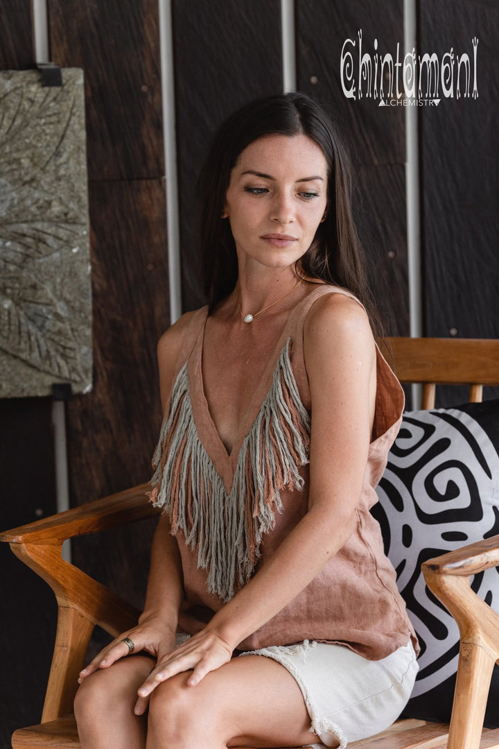 Backless Linen Boho Top with Fringes / Dusty Pink - ChintamaniAlchemi