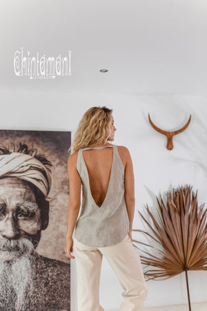Backless Linen Boho Top with Fringes / Natural Gray - ChintamaniAlchemi