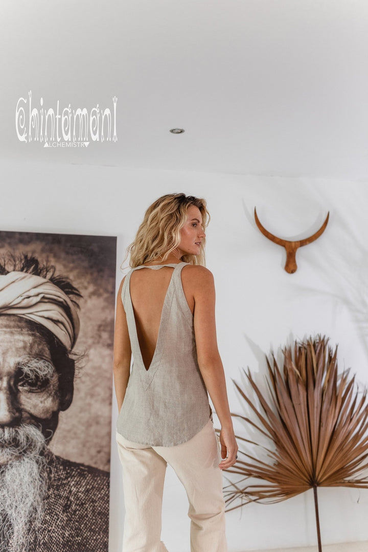 Backless Linen Boho Top with Fringes / Natural Gray - ChintamaniAlchemi