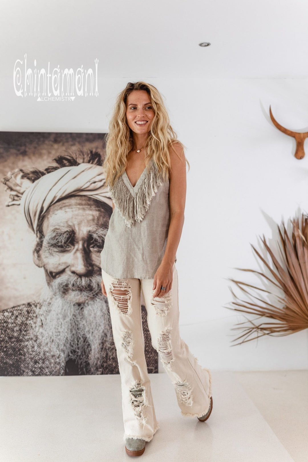 Backless Linen Boho Top with Fringes / Natural Gray - ChintamaniAlchemi