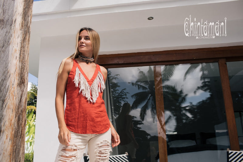 Backless Linen Boho Top with Fringes / Red Ochre - ChintamaniAlchemi