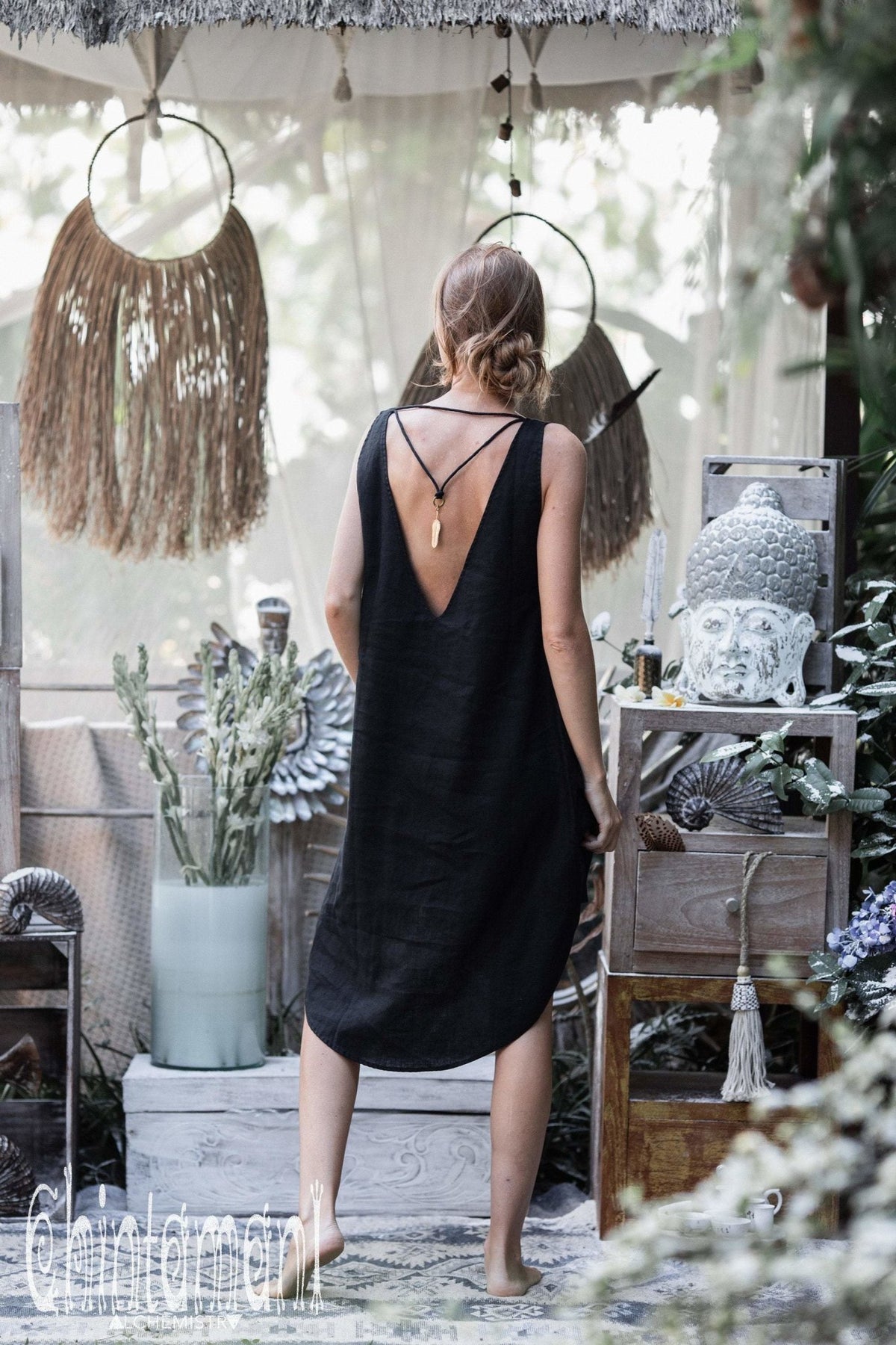 Backless Linen Tunic Dress for Women / Black - ChintamaniAlchemi