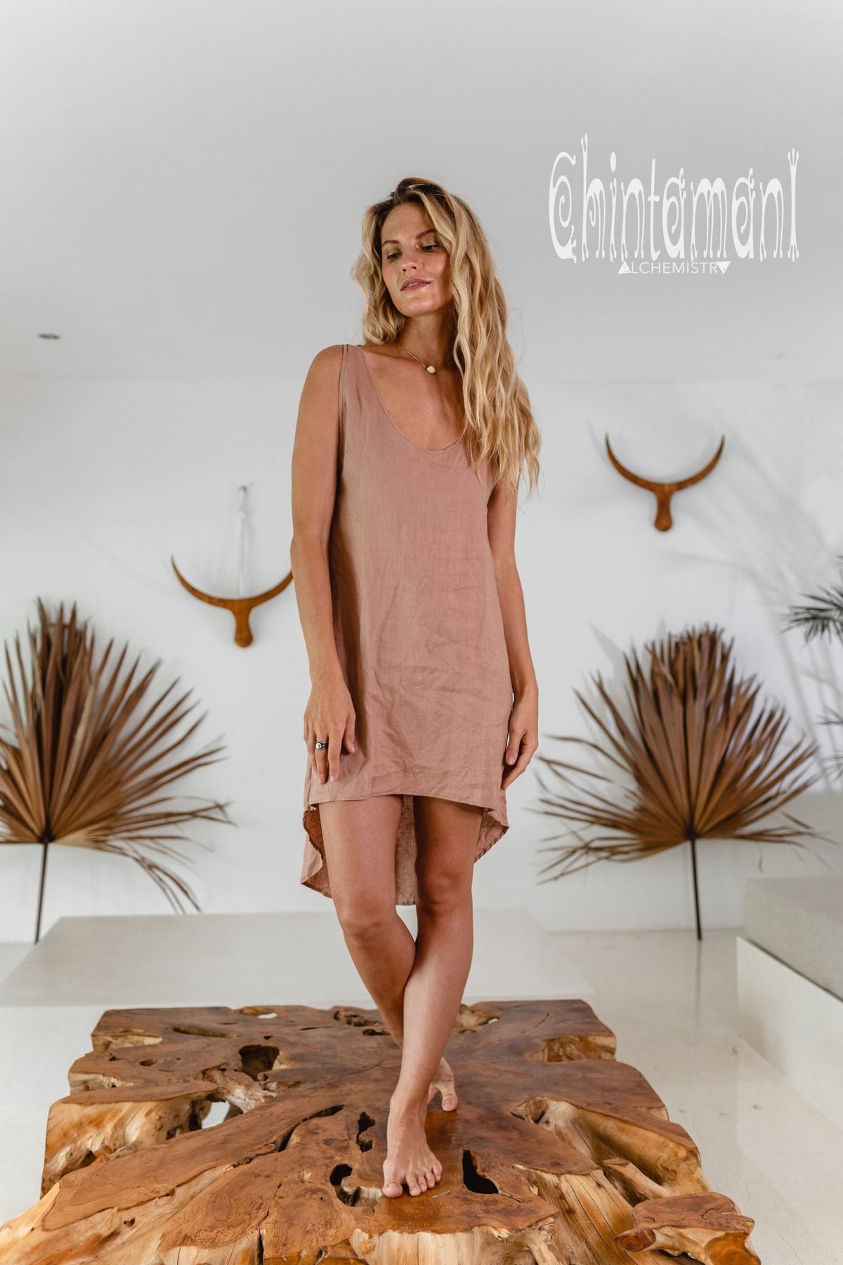 Backless Linen Tunic Dress for Women / Dusty Pink - ChintamaniAlchemi