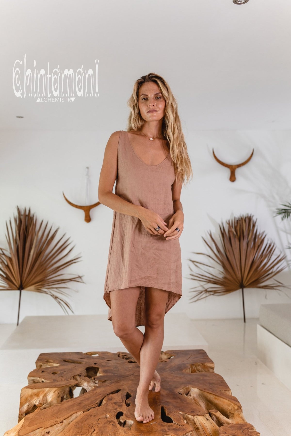 Backless Linen Tunic Dress for Women / Dusty Pink - ChintamaniAlchemi