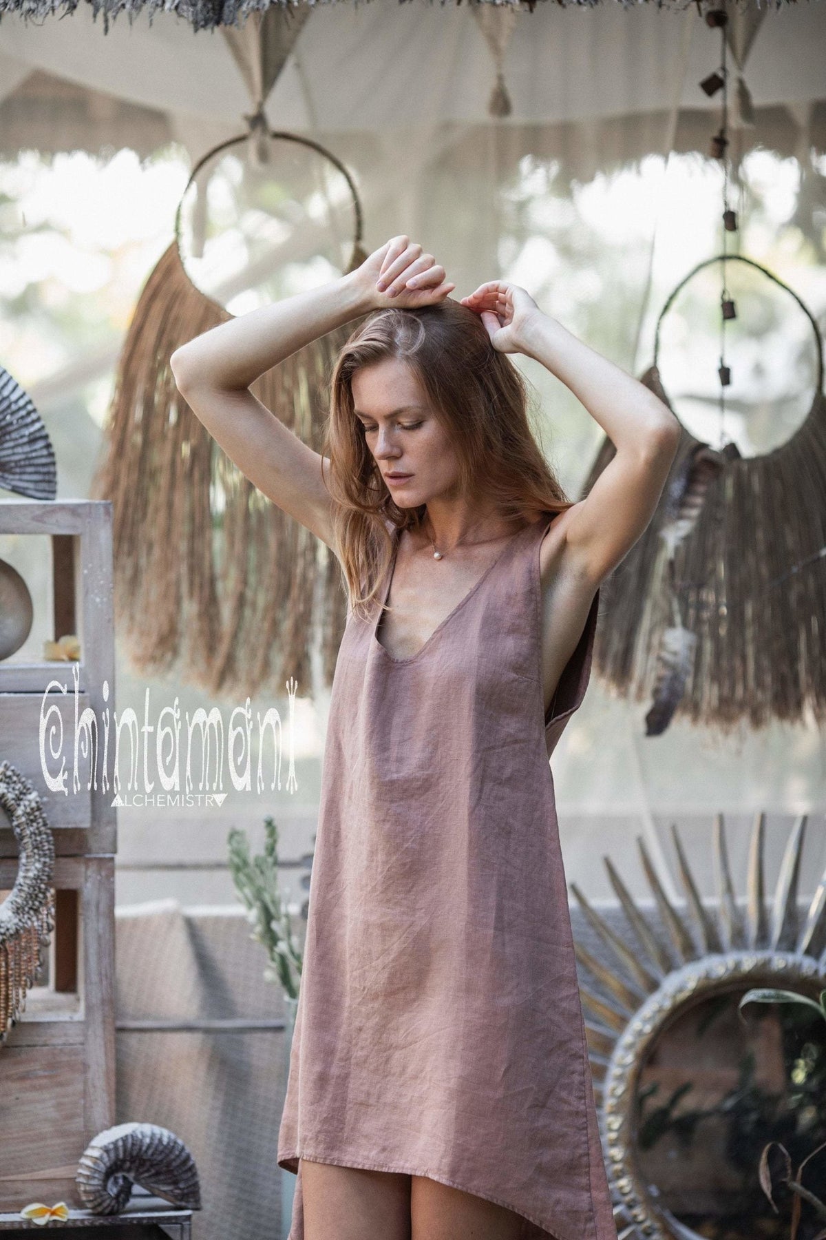 Backless Linen Tunic Dress for Women / Dusty Pink - ChintamaniAlchemi