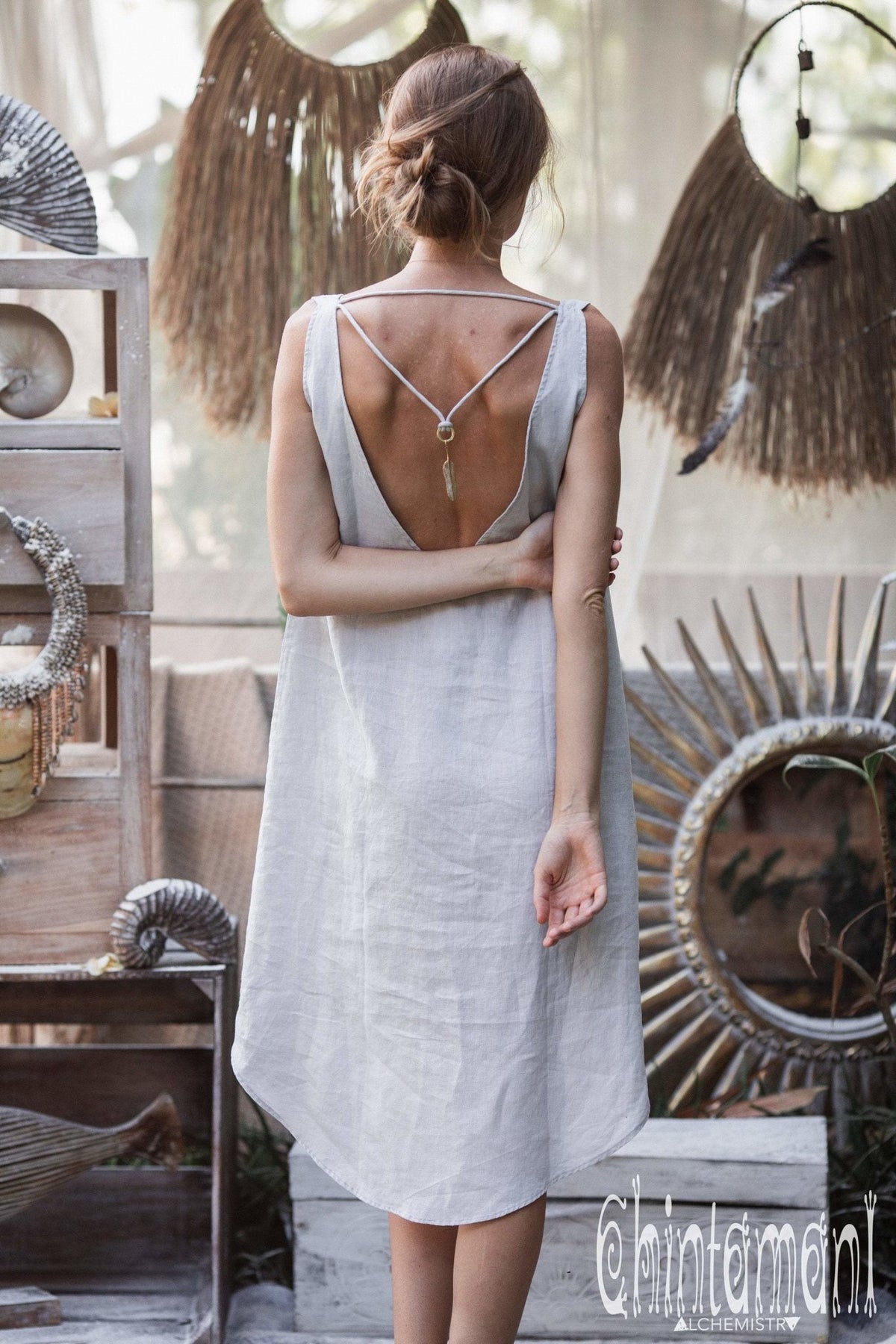 Backless Linen Tunic Dress for Women / Grey - ChintamaniAlchemi