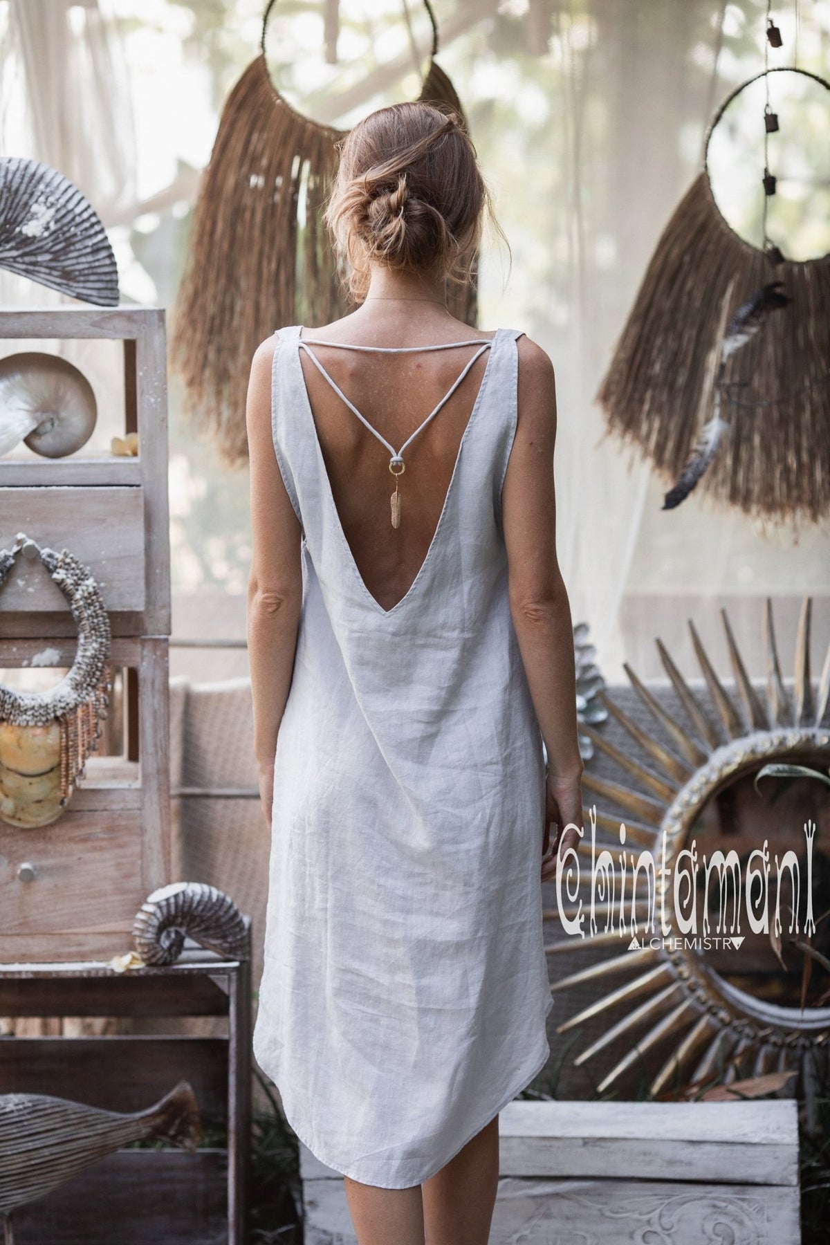 Backless Linen Tunic Dress for Women / Grey - ChintamaniAlchemi