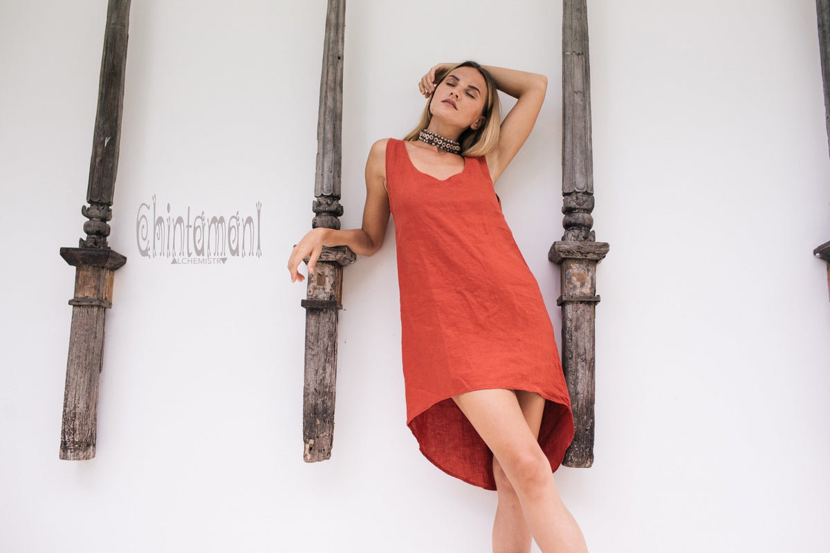 Backless Linen Tunic Dress for Women / Red Ochre - ChintamaniAlchemi