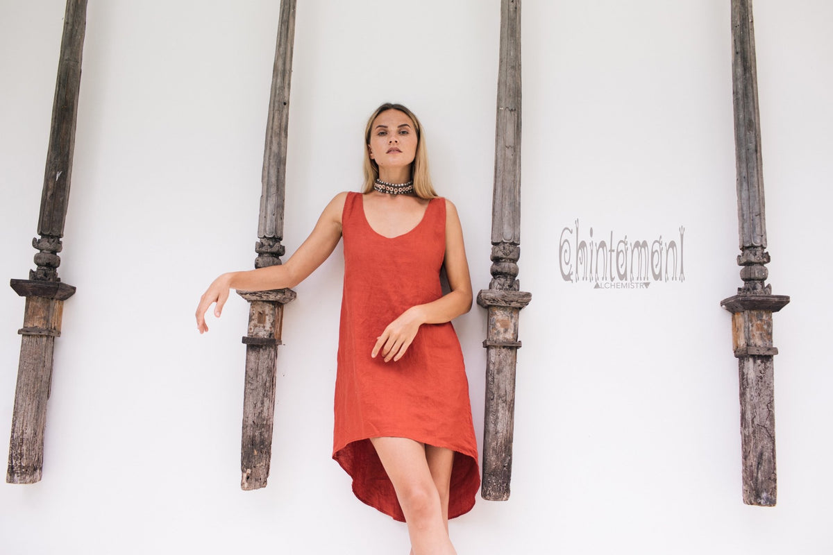 Backless Linen Tunic Dress for Women / Red Ochre - ChintamaniAlchemi