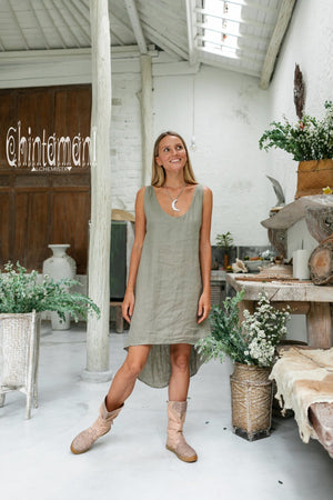 Backless Linen Tunic Dress for Women / Sage Green - ChintamaniAlchemi