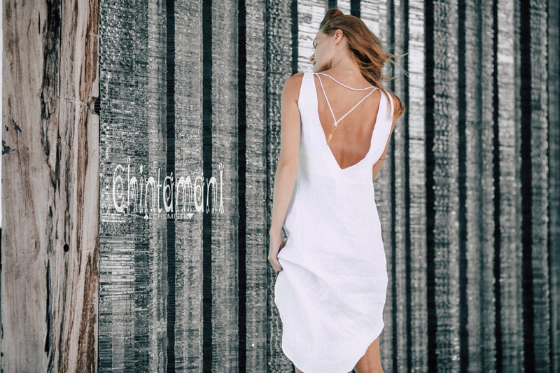 Backless Linen Tunic Dress for Women / White - ChintamaniAlchemi