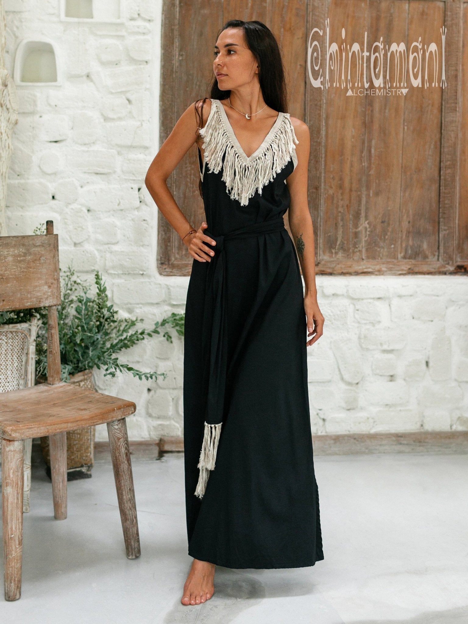 Bamboo Boho Fringe Dress for Women / Black - ChintamaniAlchemi